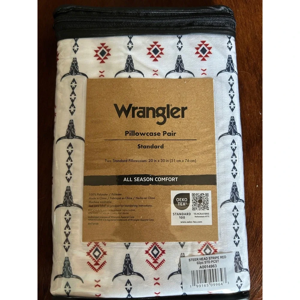 Wrangler Standard Pillowcase Pair Steer Head Stripe Red Western Bedding NEW 2 pc